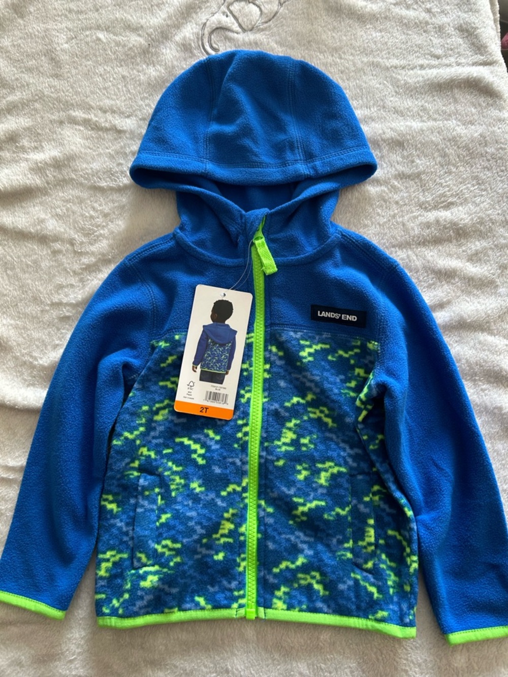 Lands' End Blue Fleece Hoodie with Neon Green Accents
